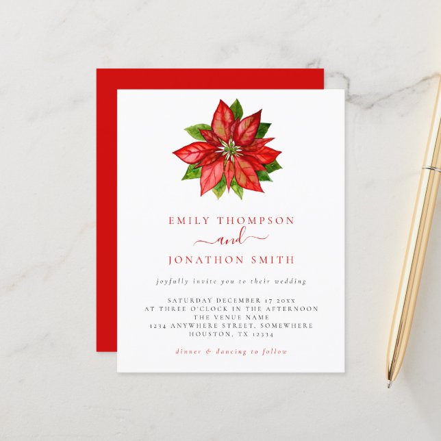 Papier Budget Noël Mariage Red Poinsettia Invitation (Devant/Arrière en situation)