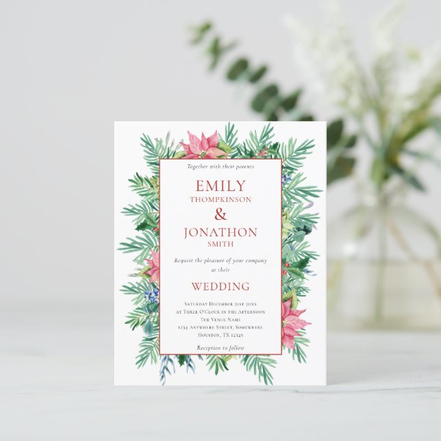 Papier Budget Noël Poinsettia Frame Mariage Invitation (Debout devant)