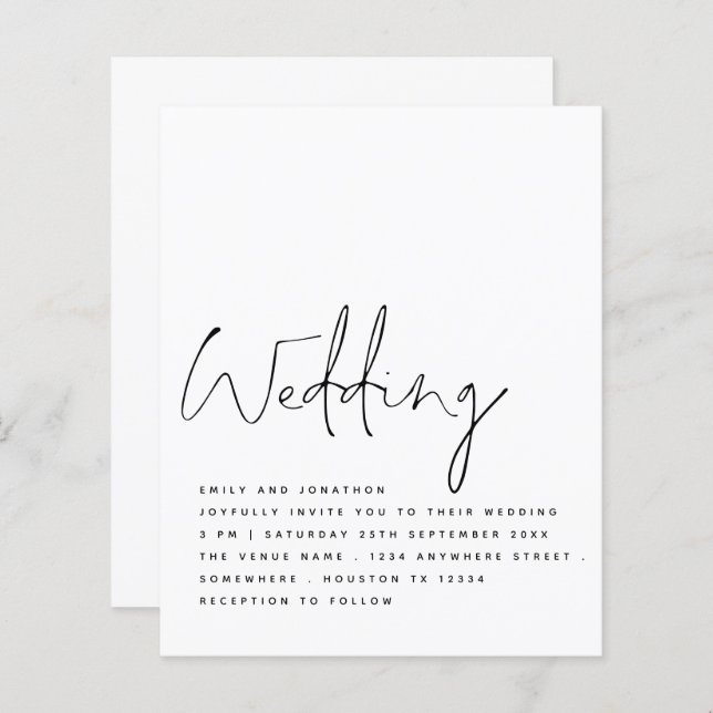 Papier BUDGET Noir Blanc Élégant Script Mariage Invitatio (Devant / Derrière)