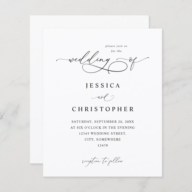 Papier Budget Noir & Blanc Moderne Calligraphie 3 Mariage (Devant / Derrière)