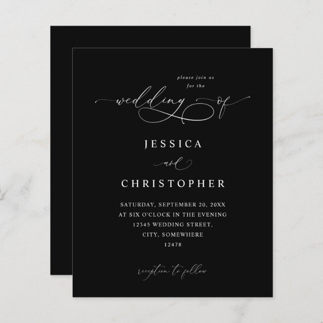 Papier Budget Noir & Blanc Moderne Calligraphie 3 Mariage (Devant / Derrière)