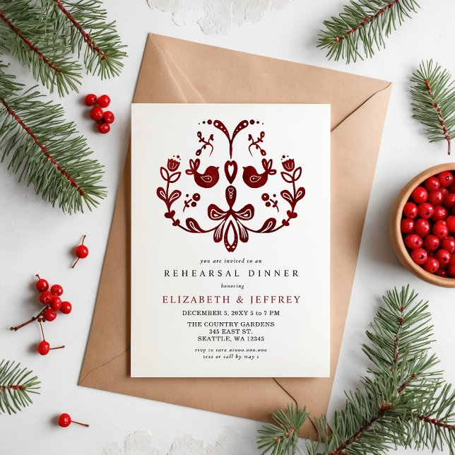 Papier Budget Nordique Birds Revue de Noël Dîner (Nordic Birds Christmas Rehearsal Dinner Invitation)