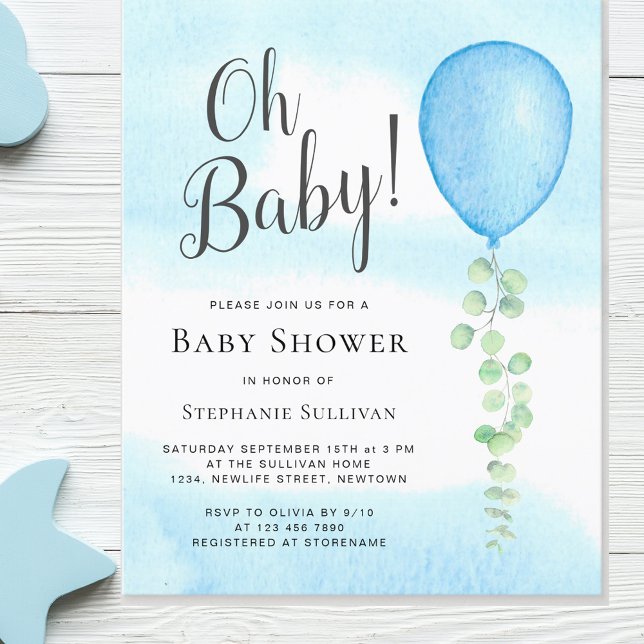 Papier Budget Oh Baby Blue Balloon Baby shower Invitation (Créateur téléchargé)