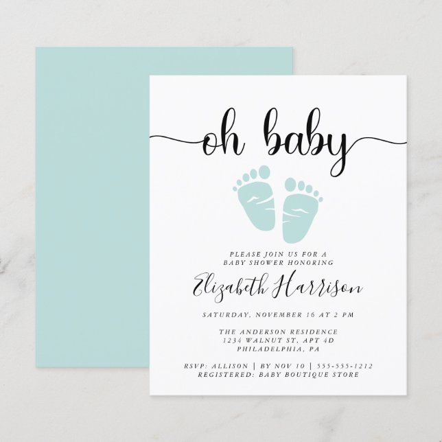 Papier Budget Oh Baby Mint Green Shower Invitation (Devant / Derrière)