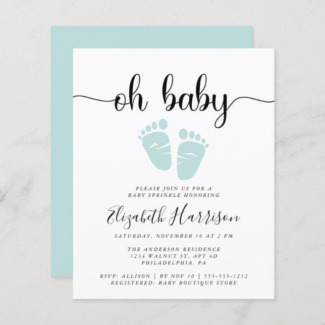 Papier Budget Oh Baby Mint Green Sprinkle Invitation (Devant / Derrière)