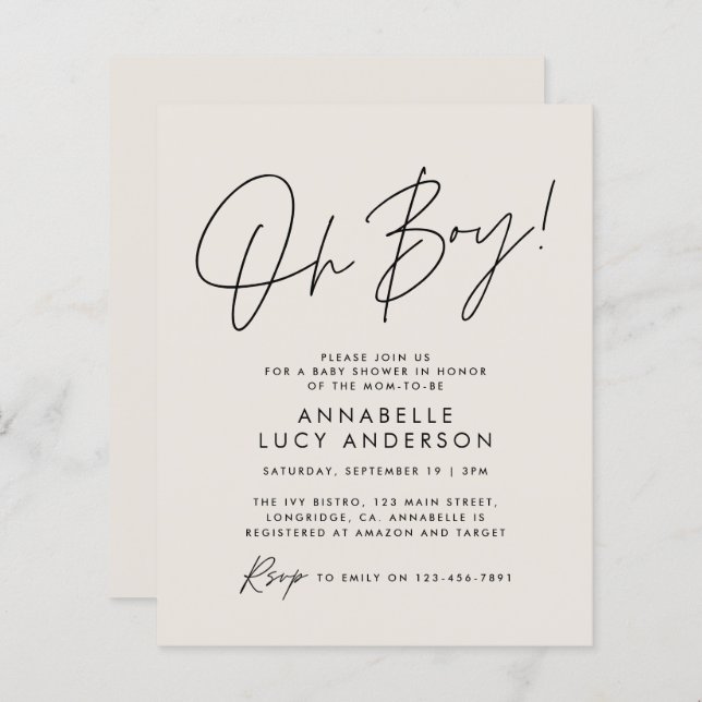 Papier budget oh Boy baby shower script crème neutre (Devant / Derrière)