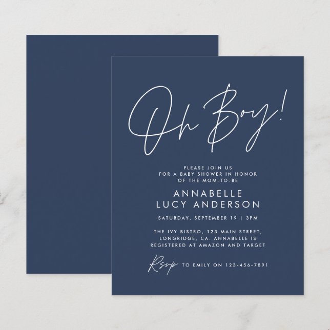 Papier budget oh Boy baby shower script marine bleu (Devant / Derrière)