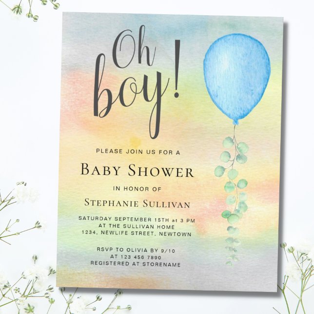 Papier Budget Oh Boy Blue Balloon Baby shower Invitation (Créateur téléchargé)