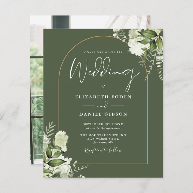 Papier Budget Olive Green Floral Photo Mariage Invitation (Devant / Derrière)