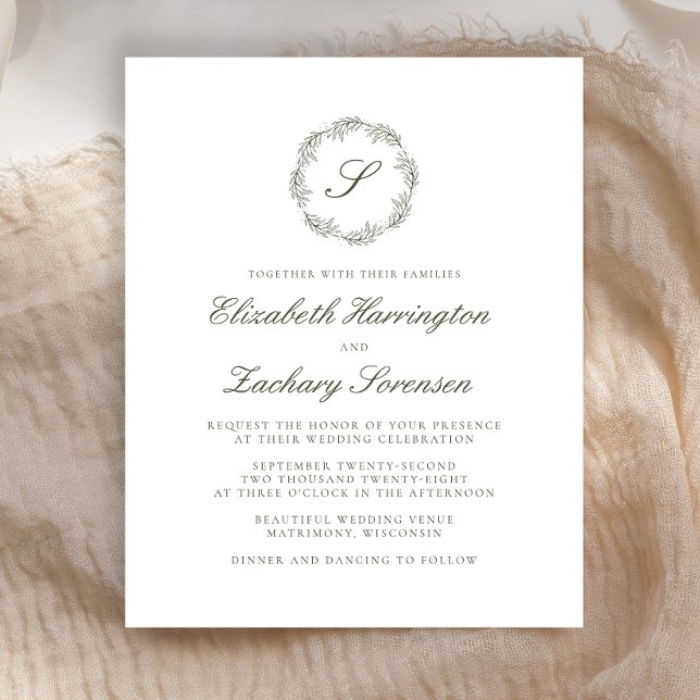 Papier Budget Olive Green Monogramme Wreath Script Mariag (Créateur téléchargé)