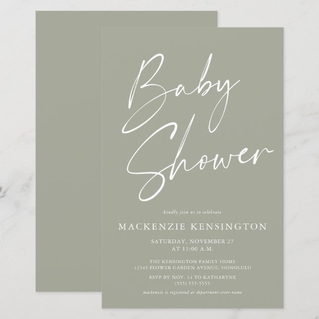 Papier Budget Olive Sage Green Baby shower de script simp (Devant / Derrière)