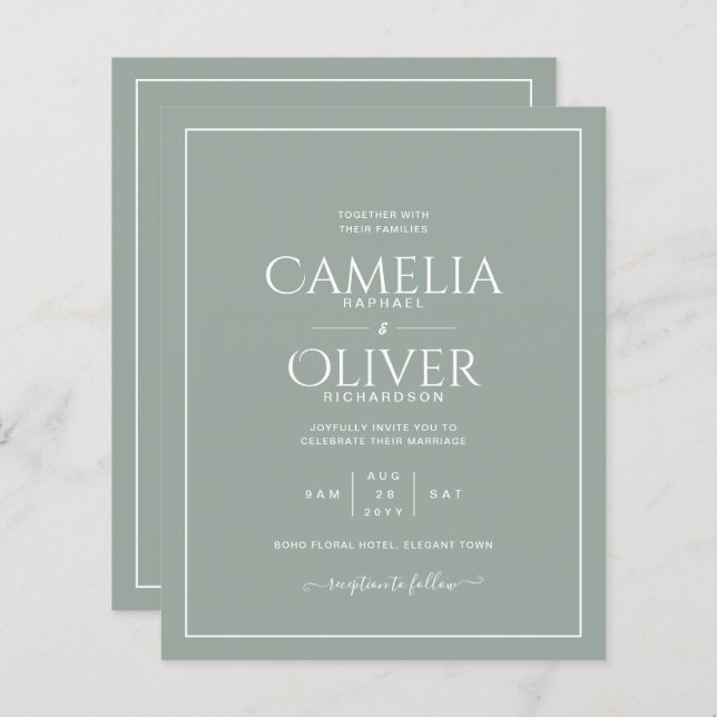 Papier BUDGET Olive Sage Green MONOCHROME Mariage (Devant / Derrière)