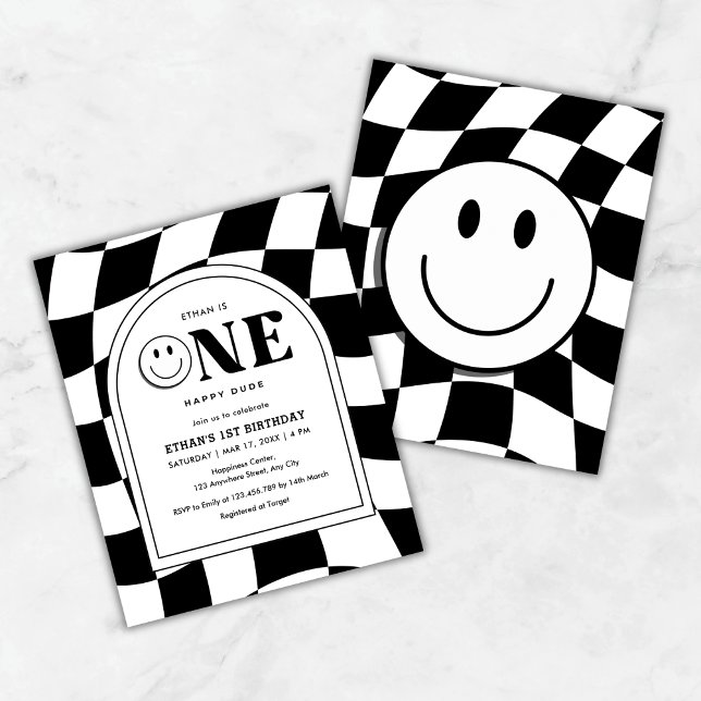 Papier Budget One Happy Dude Boy 1er anniversaire Invitat (Budget One Happy Dude Happy Face Boy 1st Birthday Invitation  )
