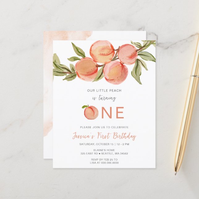Papier Budget One Sweet Peach First Birthday Invitation (Devant/Arrière en situation)