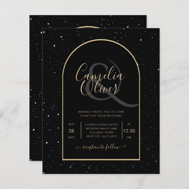 Papier BUDGET OR NOIR étoile Mariage de nuit INVITE (Devant / Derrière)