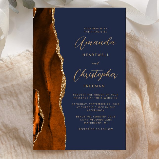 Papier Budget Orange Brûlé Agate Or Navy Bleu Mariage (Créateur téléchargé)