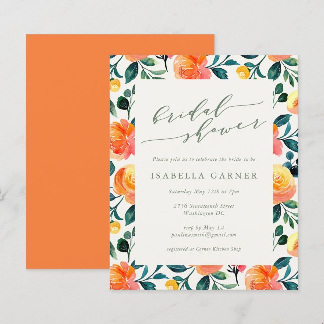 Papier Budget Orange Floral Art Fête des mariées Invitati (Devant / Derrière)