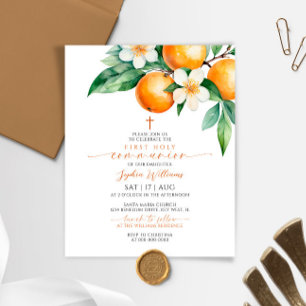 Papier Budget Orange Floral First Communion Invitation