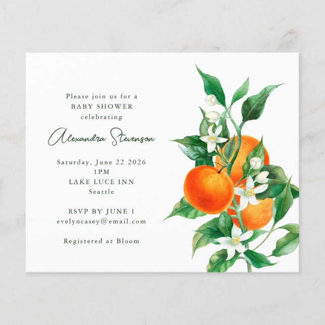 Papier Budget Orange Fruit Cute Baby shower Invitation (Devant)