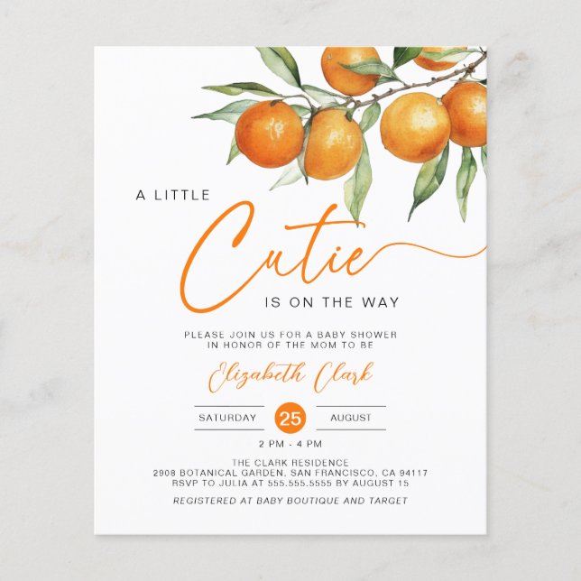 Papier Budget Orange Little Cutie Baby shower Invitation (Devant)