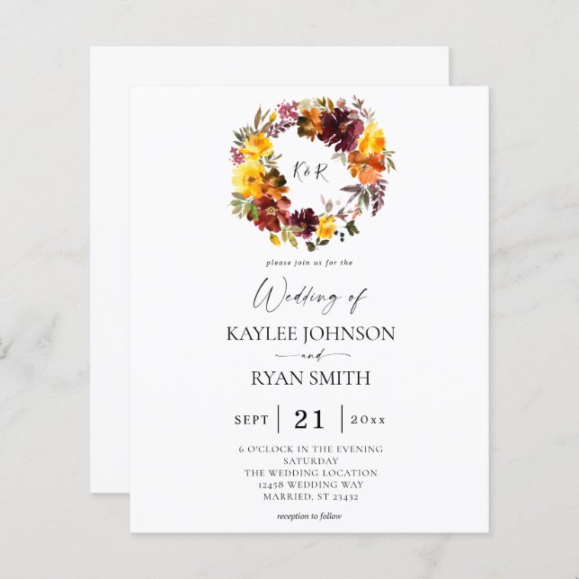 Papier Budget Orange & Or Jaune Chute 2 Mariage Floral (Devant / Derrière)