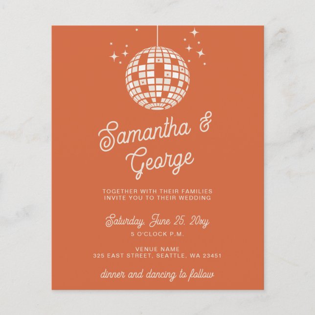 Papier Budget Orange Photo Disco Faire-part de mariage (Devant)