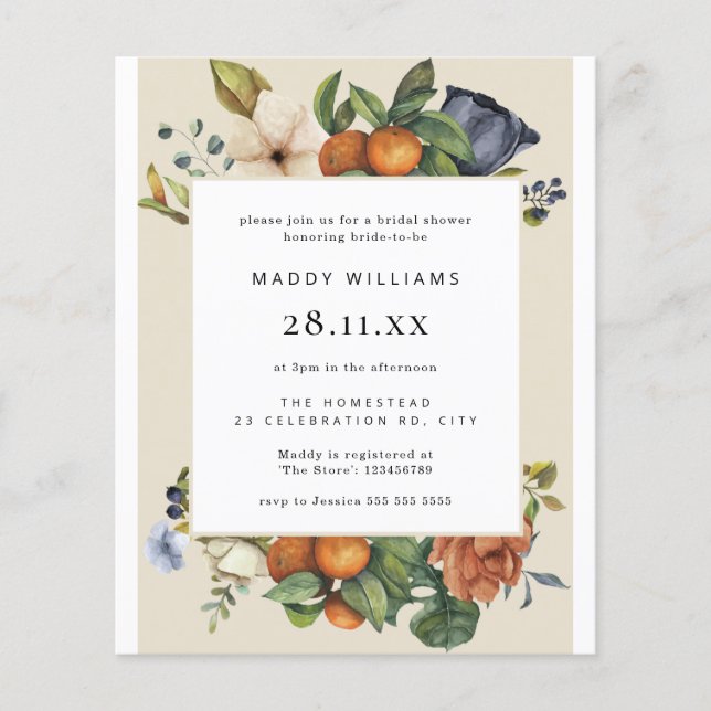 Papier Budget Orange Summer Boho Bridal Show Invitation (Devant)