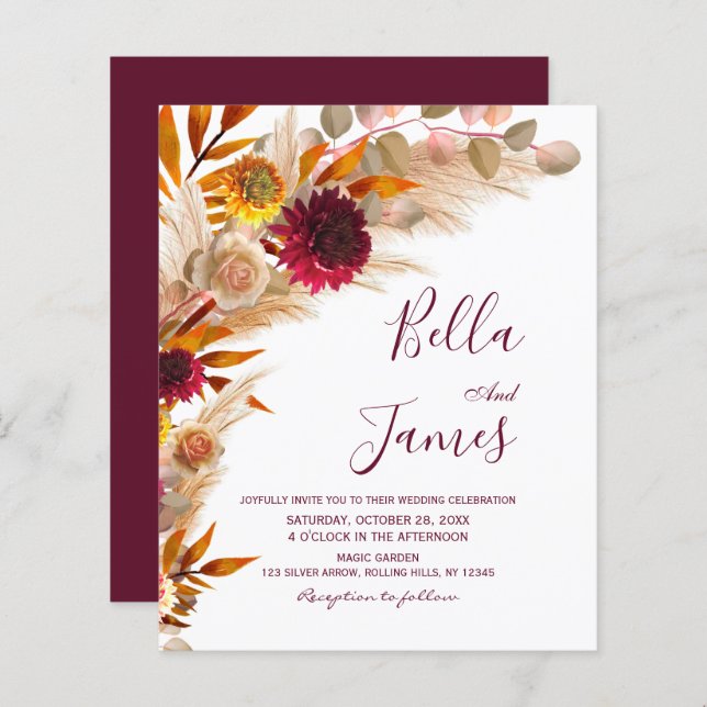 Papier Budget Pampas Grass Floral Boho Mariage Invitation (Devant / Derrière)