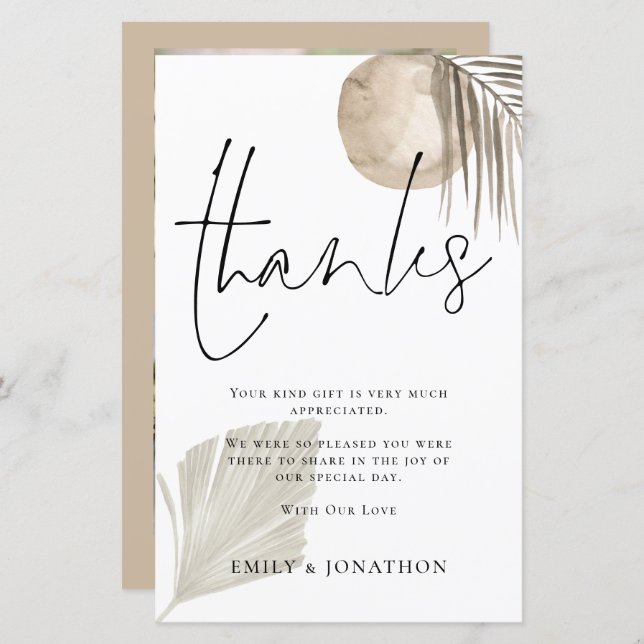 Papier BUDGET Pampas Grass Mariage 3 Photo Merci (Devant / Derrière)