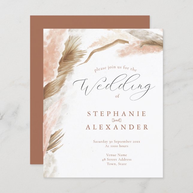 Papier Budget Pampas Grass Terracotta QR Wedding Invitati (Devant / Derrière)