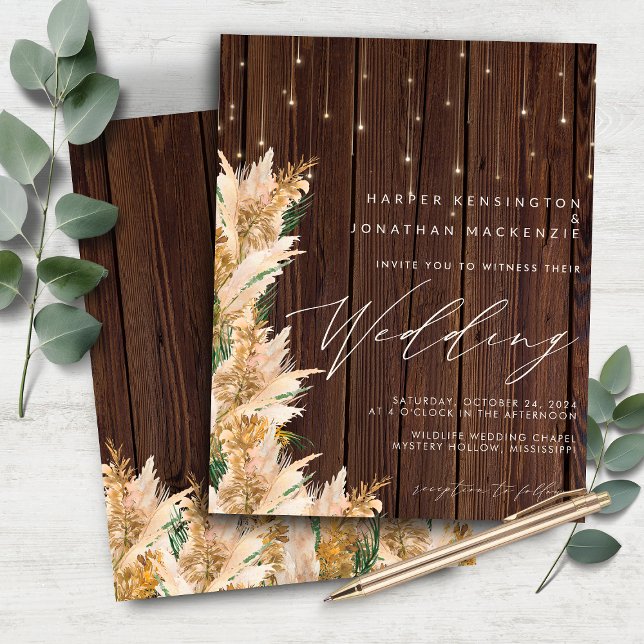 Papier BUDGET Pampas Mariage Luminaires en bois laiteux (BUDGET Pampas Grass Wood Twinkle Lights Wedding Invitation)