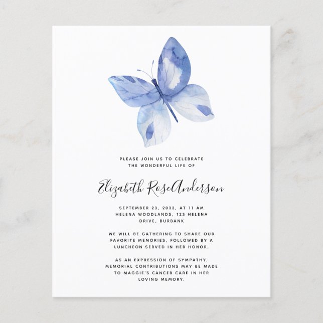 Papier BUDGET Papillon Célébration de la vie Invitation (Devant)