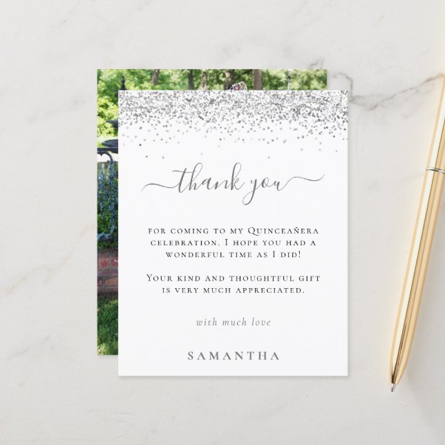 Papier Budget Parties scintillant argent Photo Quinceaner (Devant/Arrière en situation)