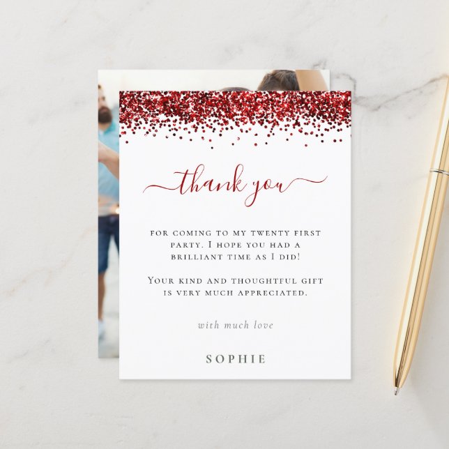Papier Budget Parties scintillant rouge Photo 21e anniver (Devant/Arrière en situation)