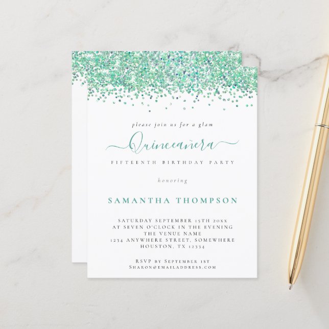Papier Budget Parties scintillant Turquoise Quinceañera I (Devant/Arrière en situation)