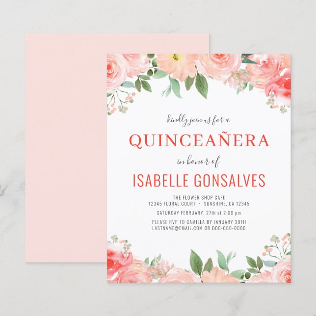 Papier Budget Peach QUINCEAÑERA Anniversaire Coral Invita (Devant / Derrière)