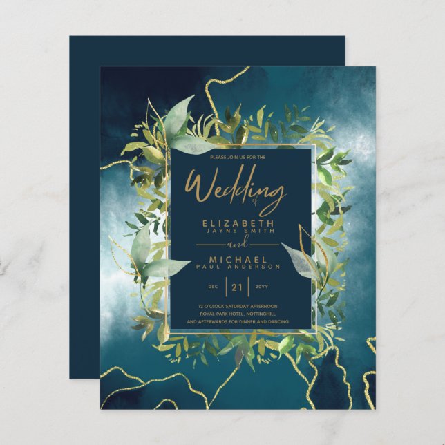 Papier BUDGET Peacock Bleu Or Vert Mariage Invite (Devant / Derrière)