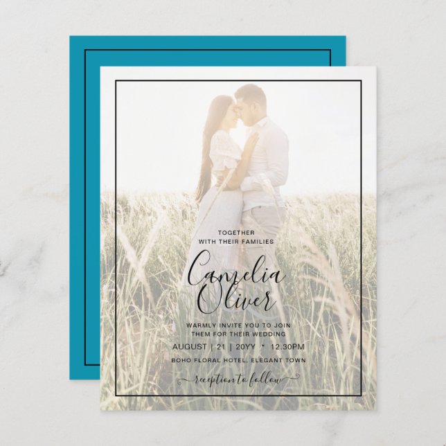 Papier BUDGET Peacock Blue Photo Overlay Mariage Inviter (Devant / Derrière)