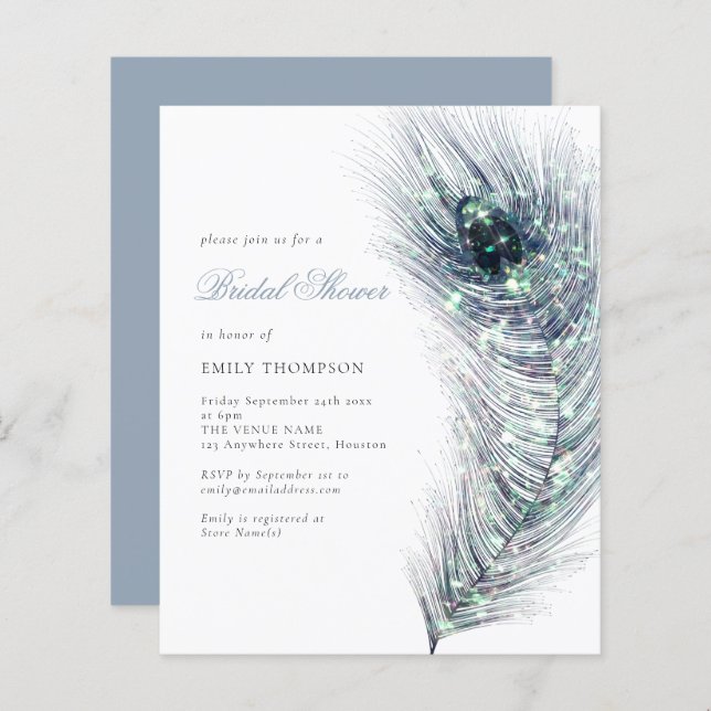 Papier Budget Peacock Feather Bridal Douche Invitation (Devant / Derrière)