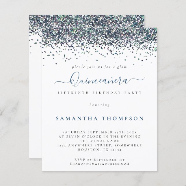 Papier Budget Peacock Parties scintillant Bleue Quinceañe (Devant / Derrière)