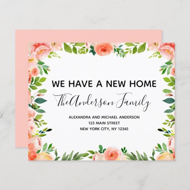 Papier Budget Pêcher Corail Floral Moving Faire-part (Devant / Derrière)