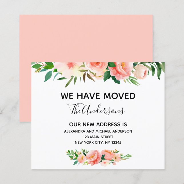 Papier Budget Pêcher Corail Floral Moving Faire-part (Devant / Derrière)