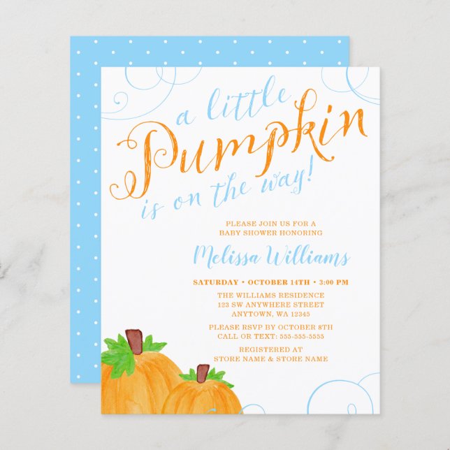 Papier Budget Petit Citrouille Automne Bleu Baby shower g (Devant / Derrière)