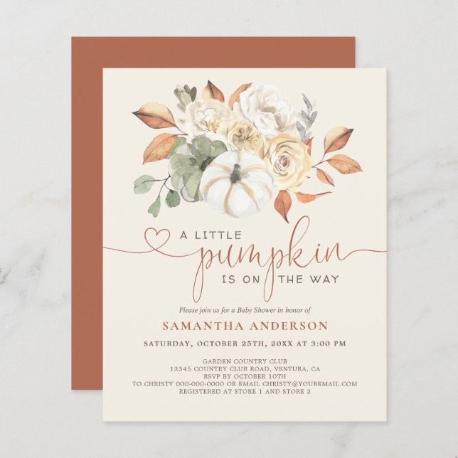 Papier Budget Petit Citrouille Floral Baby shower Invitat (Devant / Derrière)