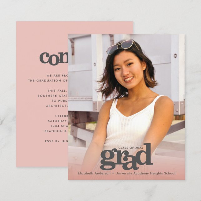 Papier Budget photo blush rose graduation invitation auda (Devant / Derrière)
