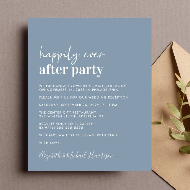 Papier Budget Photo Dusty Blue Wedding Invitation de réce (A chic budget-friendly Happily Ever After Party invitation for your wedding celebration)