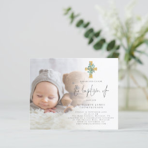 Papier Budget Photo Eucalyptus Cross Baptism Invitation