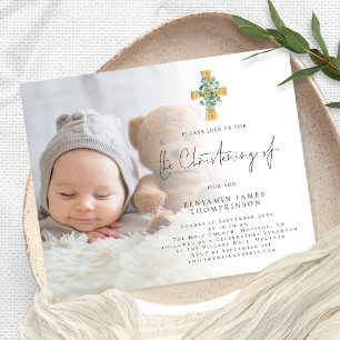 Papier Budget Photo Eucalyptus Cross Christening Invitati