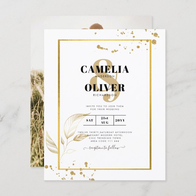 Papier Budget Photo Faire-part de mariage classique OR bl (Devant / Derrière)