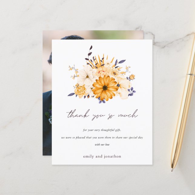 Papier Budget Photo Floral Jaune Merci Mariage (Devant/Arrière en situation)